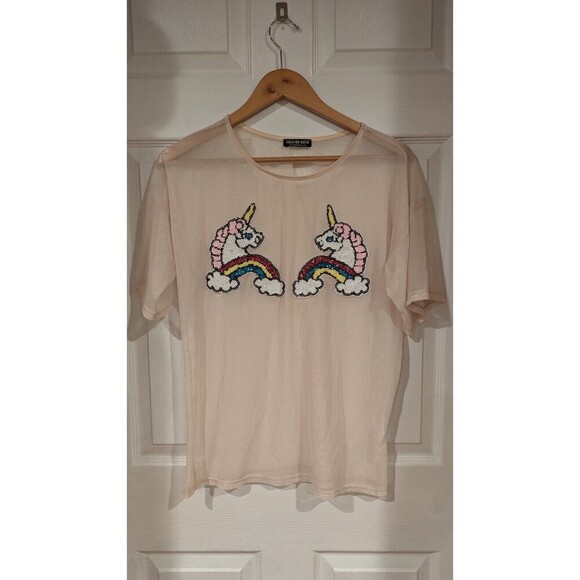 Fashion Nova sheer sequin unicorn top SZ XL Whimsical Fun Clubwear Girly Disco - Picture 2 of 7